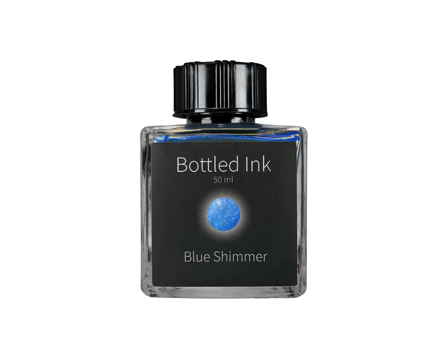 Bottle of bottled ink labeled 'Blue Shimmer' on a white background